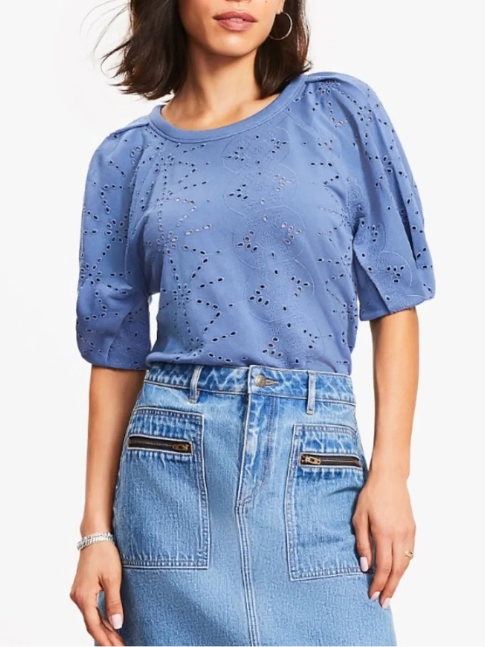 NWT LOFT Blue Eyelet Puff Short Sleeve Sweatshirt Top - Size Large